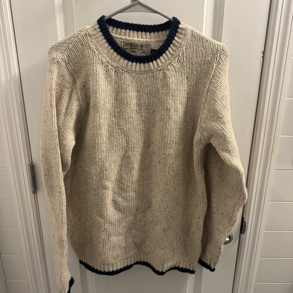 Authentic Irish Wool Cashmere Aran Sweater Market tan and navy crew neck